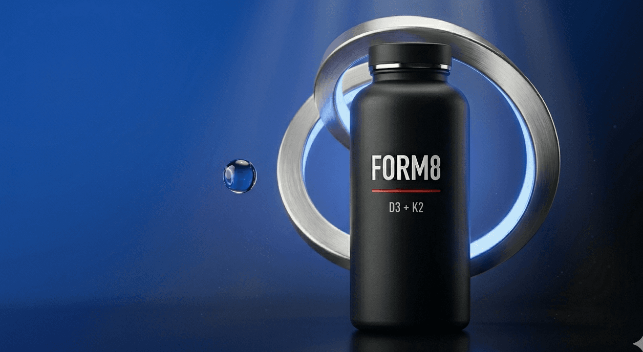 Form8 OMEGA+ bottle on cobalt background